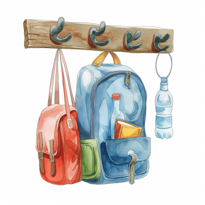 Backpacks and Water Bottle on Wooden Rack