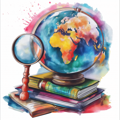 Globe on Books Watercolor Illustration