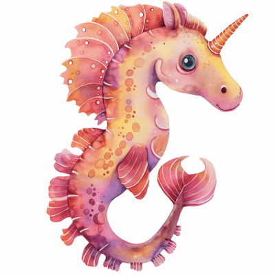 Colorful Whimsical Seahorse with Unicorn Horn