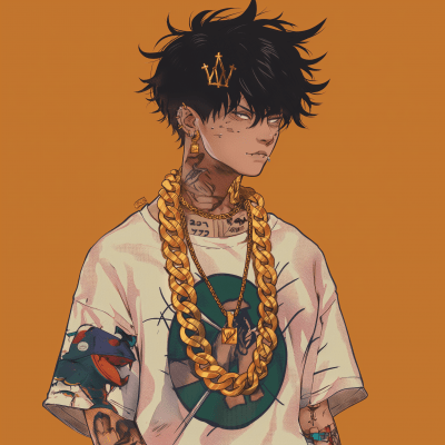 Anime Character with Bread, Tattoos, and Gold Chain