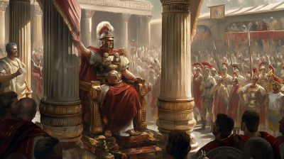 Emperor Caesar Saluting People from Throne