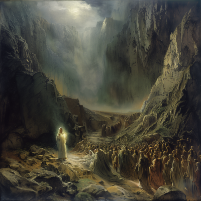 Luminous Figure Leading Procession through Dramatic Gorge