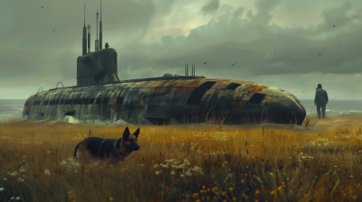 Mysterious Landscape with Dog and Old Submarine