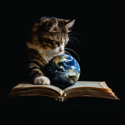 Curious Cat with Globe and Book