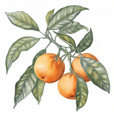 Botanical Illustration of Orange Fruit on Branch
