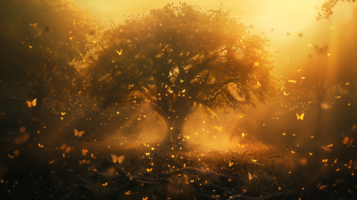 Majestic Tree with Glowing Butterflies in Golden-lit Forest