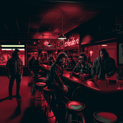 Mean Biker Gang in Neon Red Seedy Bar Poster