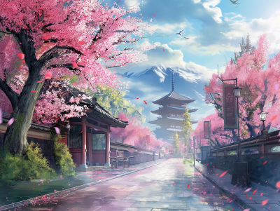 Anime Landscape with Flowers and Cherry Blossom Trees