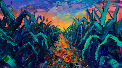 Vibrant Sunset Cornfield Painting