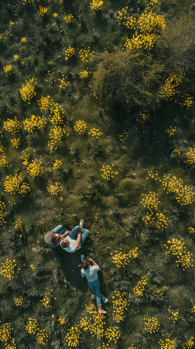Aerial Daffodil Field with Two People in Love