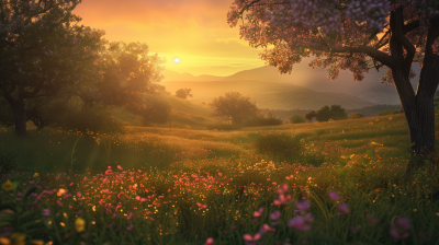 Vibrant Meadow at Sunset