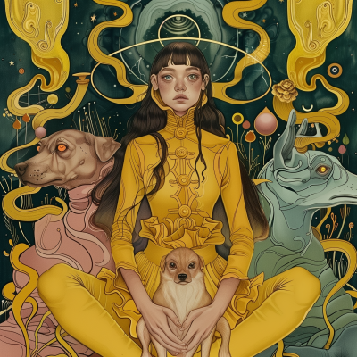 Surreal Dreamy Illustration with Girl and Dog