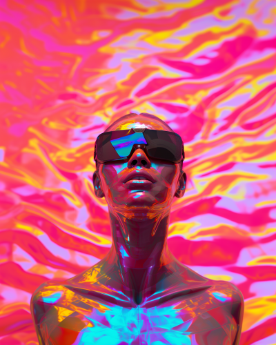 Abstract Female Humanoid Head in Liquid with Futuristic Sunglasses