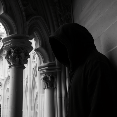 Contemplative Hooded Figure Near Columns
