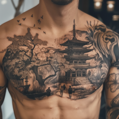 Black and Grey Chest Tattoo