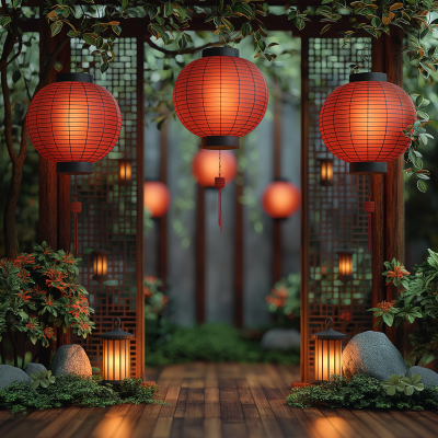 Whimsical Red Chinese Lanterns Cartoon Design