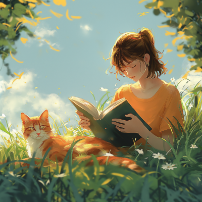 Retro Anime Woman Reading on Grass with Cat