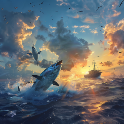 Sunset Over Ocean with Flying Fish