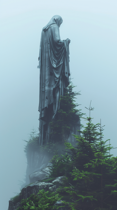 Mysterious Statue on Rocky Cliff