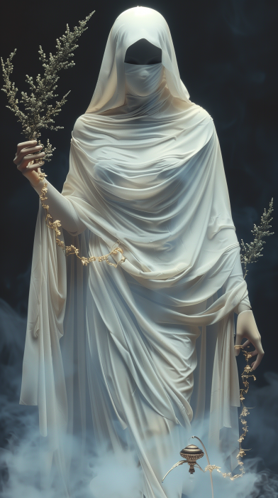 Ethereal Figure with Flowers and Golden Chain