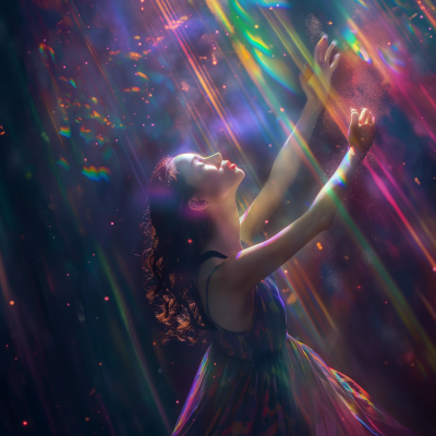 Elegant Woman Under Colored Light Rays