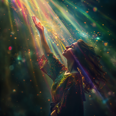 Elegant Woman Looking Up into the Sky with Colored Light Rays
