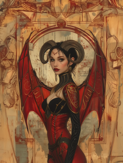 Art Deco Lilith Evil Demon Queen with Bat Wings and Goat Horns