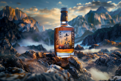 Whiskey bottle against mountain landscape
