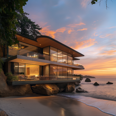 Modern Beach House at Sunset
