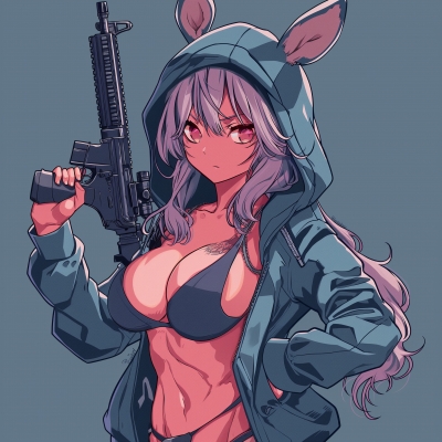 Pink-Haired Character with Rifle and Bunny Hoodie