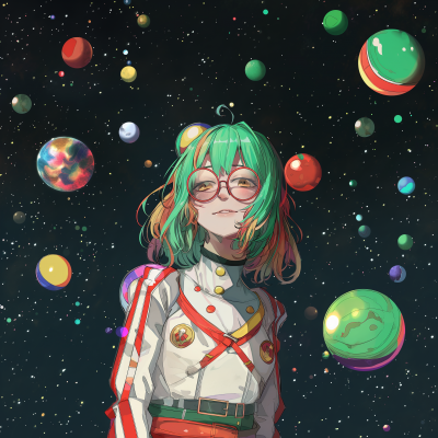 Anime character with green hair and glasses in space