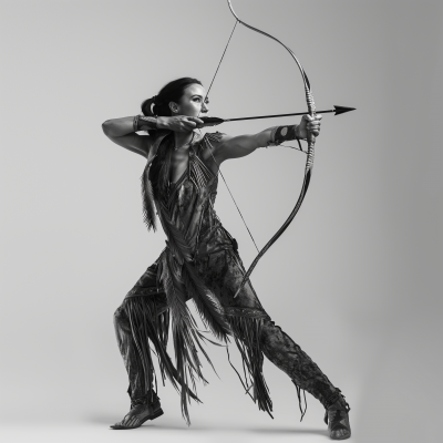 Vintage American Indian Woman Aiming with Bow and Arrow