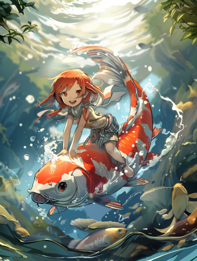 Girl Riding Koi Fish in Anime Style