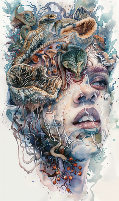Watercolor Portrait of Female Zombie Morphing into Mycelium