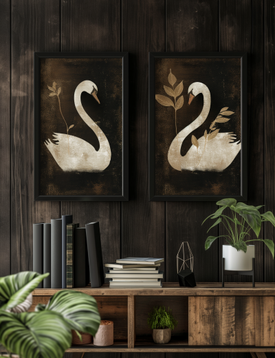 Abstract Swan Design Art Prints on Dark Wooden Wall