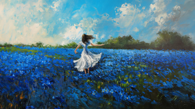 Lady Dancing in a Field of Blue Flowers