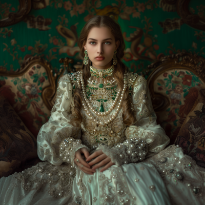 Regal Queen in Pearl and Emerald Dress