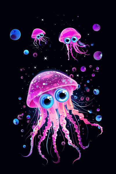 Bioluminescent Pink Baby Jellyfish with Big Eyes