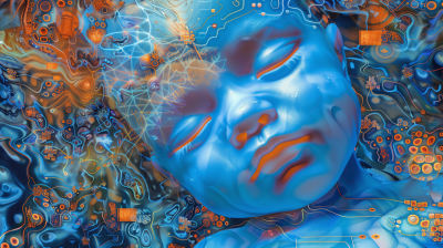 Surreal Blue Humanoid Face Illustration