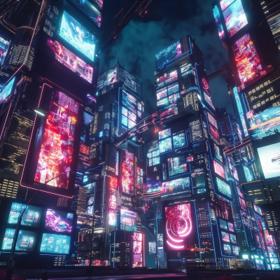Colorful City Building with Video Screens