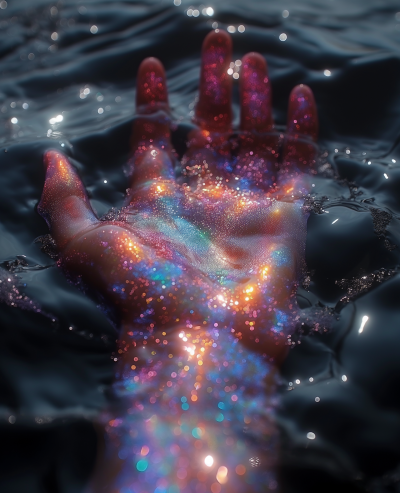 Iridescent Hand Reaching Out of Black Water