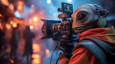 Neon-lit alien videographer