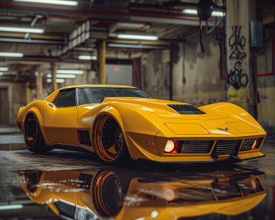 Sleek Yellow Sports Car in Dimly Lit Garage