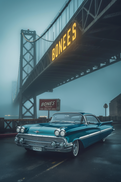 Vintage Blue Car Under Bridge