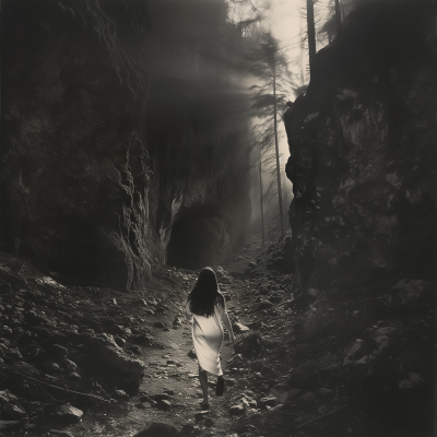 Girl in white walking into forest cave