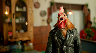 Surprised Rooster in Leather Jacket