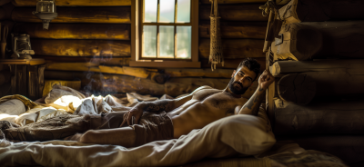 Tattooed Man in Rustic Cabin