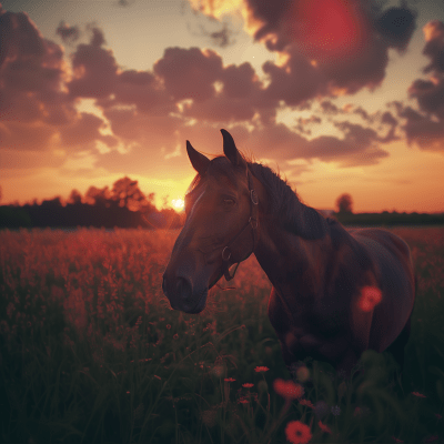 Sunset Horse Among Blooming Flowers