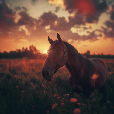 Majestic Horse in Blooming Meadow at Sunset