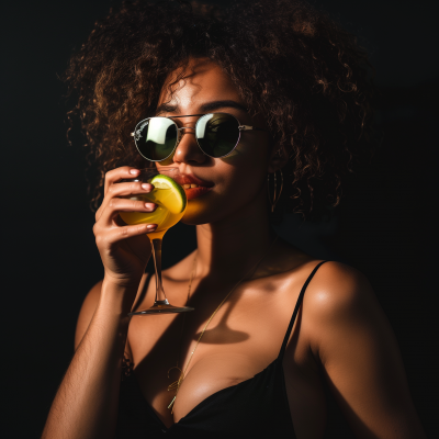 Woman in sunglasses sips a drink